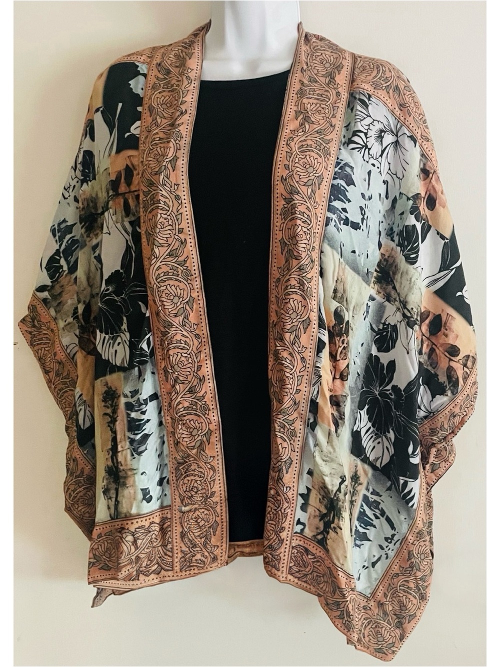 Tolani Floral Border Open Kimono in Black, Peach, Cream